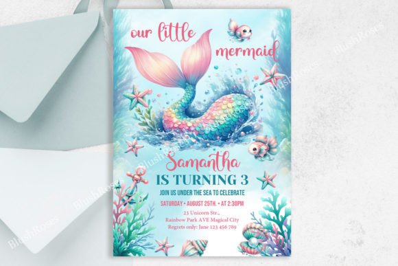 Turquoise Mermaid Tail Any Birthday Invi & Print Templates