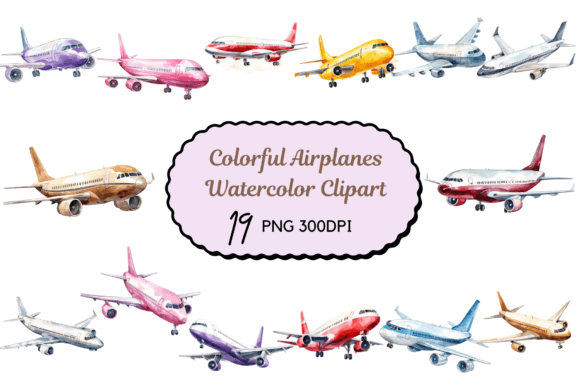 Watercolor Colorful Airplanes Clipart for Crafts & Digital Sales