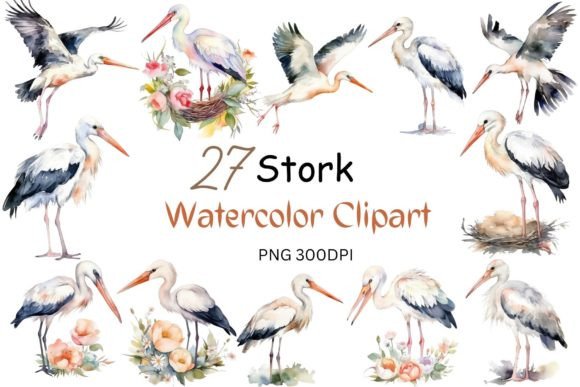 Watercolor Stork Clipart for Crafts and Branding